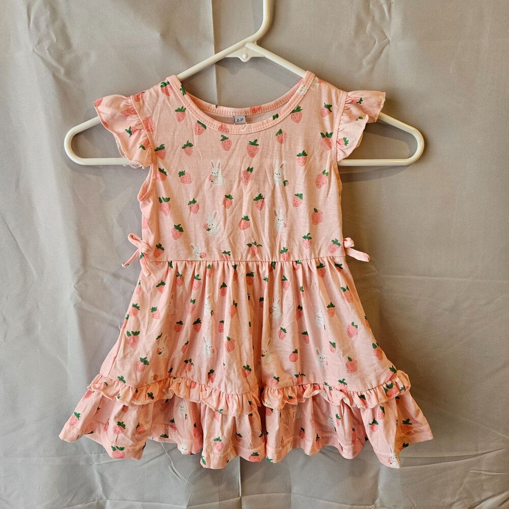 Sweet Pink Strawberry & Bunny Dress Girls 2-3T Flutter Sleeves Ruffled Skirt